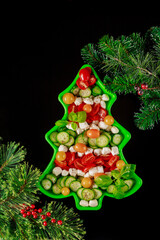 Christmas background with healthy salad on christmas tree shape plate and fir branches.