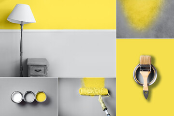 Collage inspired by trendy colors of year 2021. Illuminating yellow and ultimate gray concept. Style design combination. Duotone. Color Psychology. Minimalistic interior. Depression treatment