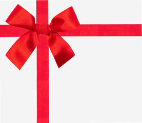 Red ribbon with bow for gifts to Christmas or Valentines day close up view isolated on a white background. Space for copy