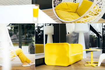 Collage inspired by trendy colors of year 2021. Illuminating yellow and ultimate gray concept. Style design combination. Duotone. Color Psychology. Minimalistic interior. Depression treatment