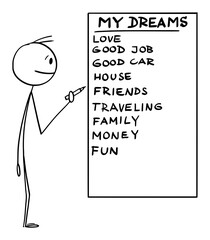 Vector cartoon stick figure illustration of man holding marker or pen and writing list of his life dreams on whiteboard.