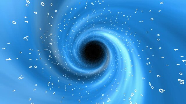 Binary numbers data in spiral rotating tunnel motion background.
