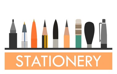 Stationery. Logo. Background for advertising a store, company. illustration. Isolated on a white background. Pencils, pens, felt-tip pens, brushes.Vector