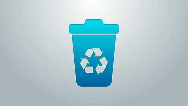 Blue line Recycle bin with recycle symbol icon isolated on grey background. Trash can icon. Garbage bin sign. Recycle basket sign. 4K Video motion graphic animation