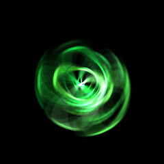 Spinning rays of light isolated on black background. Graphic 2D illustration of glowing colorful light particles in circular motion.