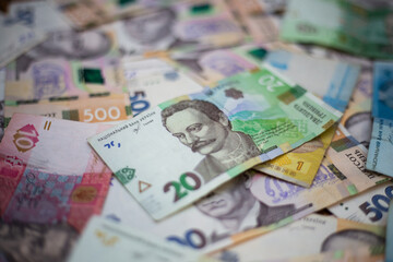 Kyiv, Ukraine 12.04.2020: Banknote of the Ukrainian national currency hryvnia. Cash of the National Bank of Ukraine.