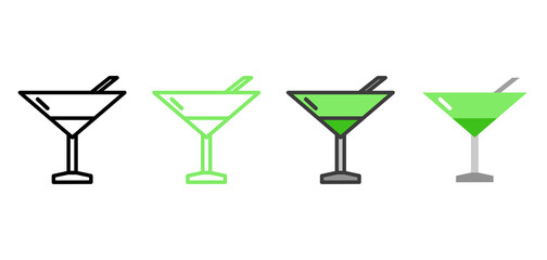 Icon of cocktail glass and straw with multiple styles, outline, colored outline and flat icon. Vector icon design