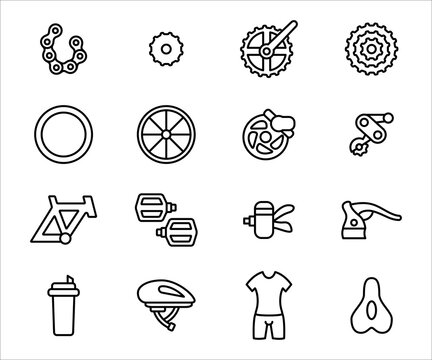 Simple Set of bicycle spare part shop Related Vector icon user interface graphic design. Contains such Icons as frame, tyre, gear, pedal, saddle, hear shifter, chain, helmet, and bicycle suit