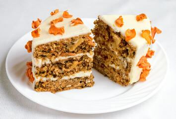 pieces of homemade carrot cake on white background