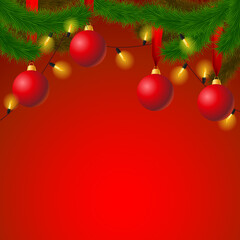 Christmas illustration of a Christmas tree, Christmas balls, garland, glowing light bulb.