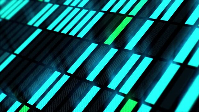 Abstract background of data bank slots getting illuminated first in blue and green until all screen is filled.