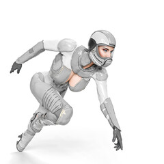 comic woman in a sci fi outfit in action side view