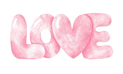 Watercolor hand drawn pink love lettering. Love sign illustration isolated on white background. Valentine's day design element. Inflated word for 14th February.