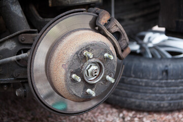 Car brake disk with removed wheel, inspection or changing to studded snow tyres
