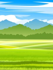 Obraz na płótnie Canvas Beautiful rural landscape. Hilly meadows and pastures. Summer green scenery. Blue sky with clouds. Flat style. Vector