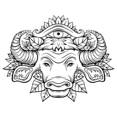 Bull head symbol of the new year 2021.Line art filigree tattoo style