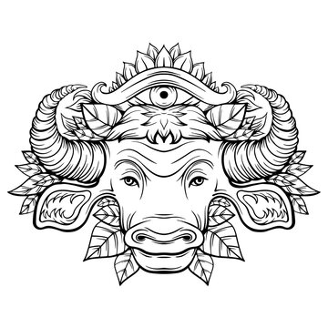 Bull head symbol of the new year 2021.Line art filigree tattoo style