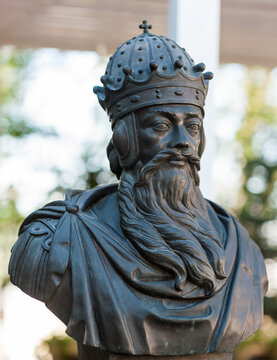 September 23, 2017 Moscow Russia Bust of Prince Svyatoslav Igorevich made by Zurab Tsereteli at the Rulers Alley in Moscow.