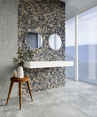 Modern bathroom interior with blue and gray hexagonal tiles on the wall and a large window. 3D rendering. Classic style.