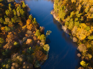 Fototapeta na wymiar Aerial view of the autumn forest near the river in the afternoon