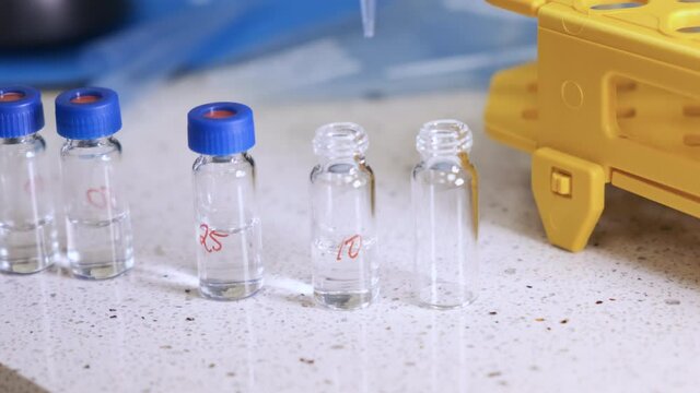 Preparation Of Calibration Curve For HPLC Measurements In Glass Vials. Making Solution Using Automatic Pipette.