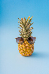 Close up of pineapple isolated on blue background. Wearing sunglasses. 