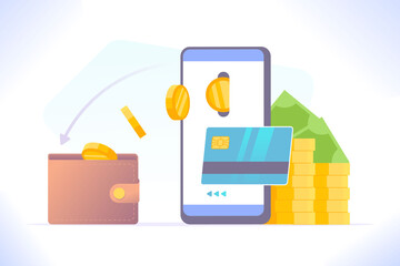 Online cashback concept. Electronic transaction from smartphone to e-wallet. Credit or debit card payments and cashback from online store, vector illustration