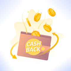 Cash back concept. Coins falling into wallet. Online reward, saving money, financial transaction, money refund, electronic payment and money back guarantee concept, vector illustration