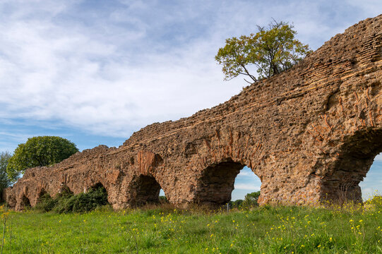 Alexandrian Aqueduct, the last of the great Roman aqueducts, built by the Emperor Alexander Severus. Detail of the arches and bricks on a sunny day and blue sky in the park, centocelle area. Rome.