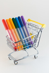 The markers are laid out in rainbow colors in the basket.