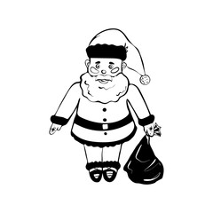 Santa Claus for Christmas cards and invitations. Hand drawn doodle vector illustration. A bag with presents Isolated on white