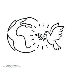 dove peace in the world icon, pigeon with olive branch, international humanitarian solidarity, symbol kindness and love, thin line sign on white background - editable stroke vector illustration
