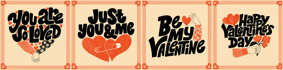 Vector card set for valentines day. Romantic collection for social media, print, t-shirt, card, poster, gift, landing page, web design elements. Hand-drawn lettering typography. Doodle illustration.