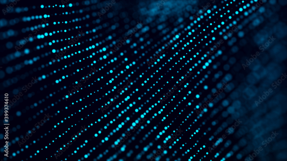 Poster Futuristic blue background with glowing particles movement. Big data. 3d rendering.
