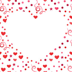 Fototapeta na wymiar Frame for Valentine's Day. Watercolor confetti and hearts. Design idea for postcards, posters, invitations, scrapbooking
