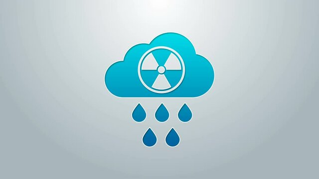 Blue line Acid rain and radioactive cloud icon isolated on grey background. Effects of toxic air pollution on the environment. 4K Video motion graphic animation