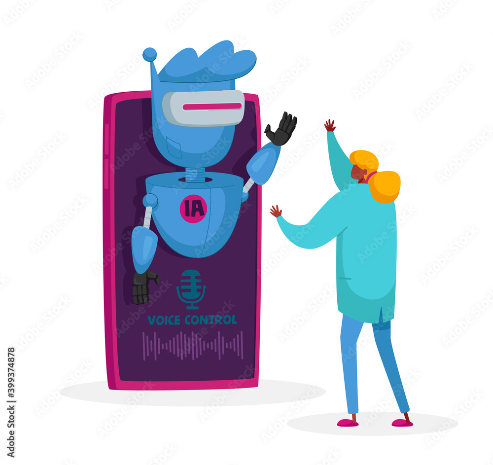 Poster artificial intelligence technologies, personal assistant and voice recognition. tiny scientist chara