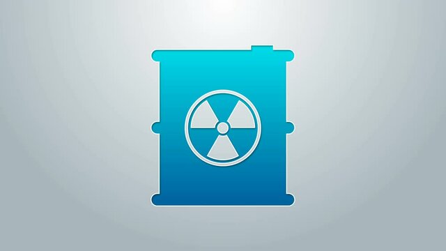 Blue line Radioactive waste in barrel icon isolated on grey background. Toxic refuse keg. Radioactive garbage emissions, environmental pollution. 4K Video motion graphic animation
