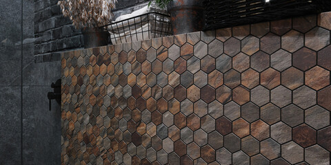 Interior of a modern bathroom with hexagonal brown and grey tiles on the wall. Place for text. 3d...