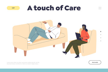 Touch of care concept of landing page with patient talking to psychologist