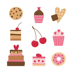 Vector pink set of sweet desserts - cakes, cupcakes, chocolate, waffle, cookie, donut, hot pink cherry. Valentine's day vector illustration.