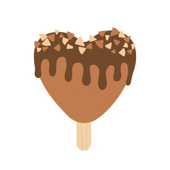 Chocolate ice cream. Eskimo pie popsicle with chocolate drips and crushed hazelnuts. Valentine's day vector illustration.