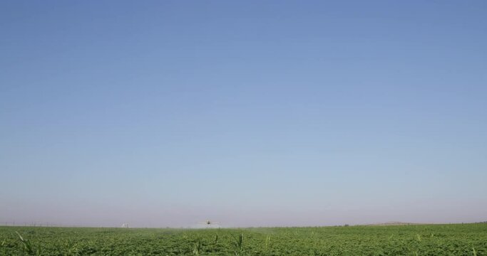 Rear view of a crop duster flying low and spraying chemicals over vegetable crops