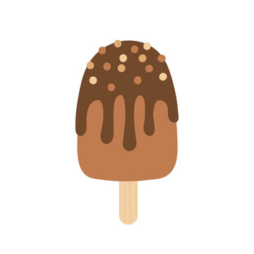 Vector chocolate ice cream. Eskimo pie popsicle with chocolate drips and sprinkles.