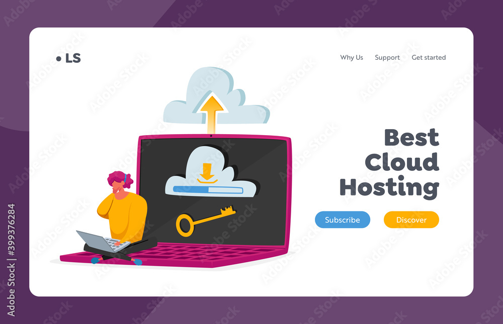 Poster data center, server digital technologies landing page template. web and cloud hosting, virtual stora