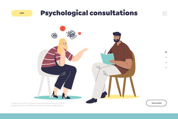 Psychological consultations landing page concept with female patient on visit to psychologist