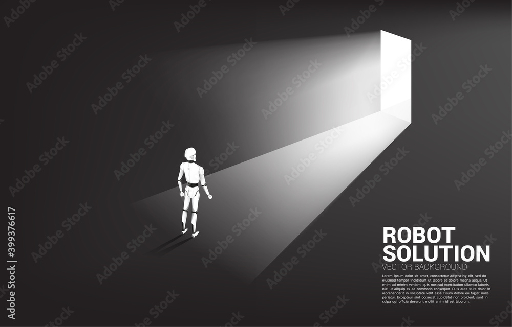 Poster Silhouette of robot standing in front of exit door. concept of artificial intelligence and machine learning worker technology
