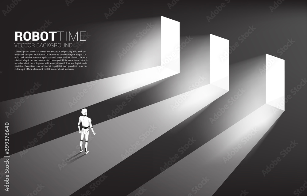 Poster Silhouette of robot standing standing to select door to enter. concept of artificial intelligence and machine learning worker technology