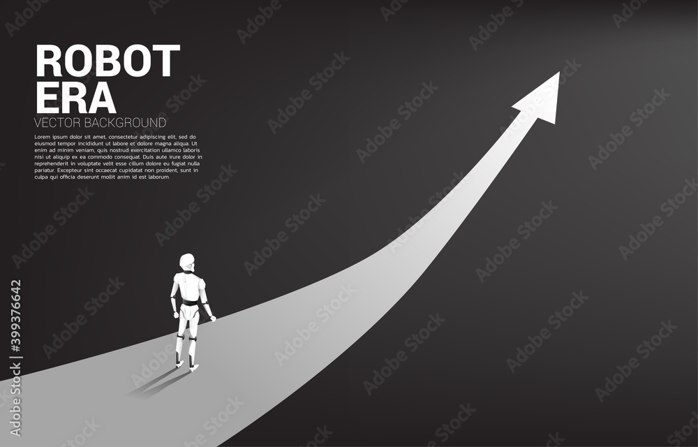 Poster Silhouette of robot standing on arrow route. concept of artificial intelligence and machine learning worker technology