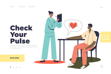 Check your pulse landing page concept with doctor cardiologist examining patient